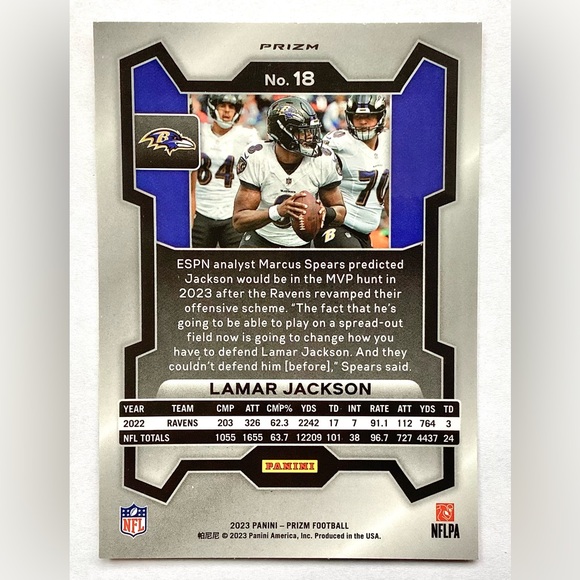 Lamar Jackson orange laser | 2023 panini-prism rare collectible football card!! - Picture 2 of 2